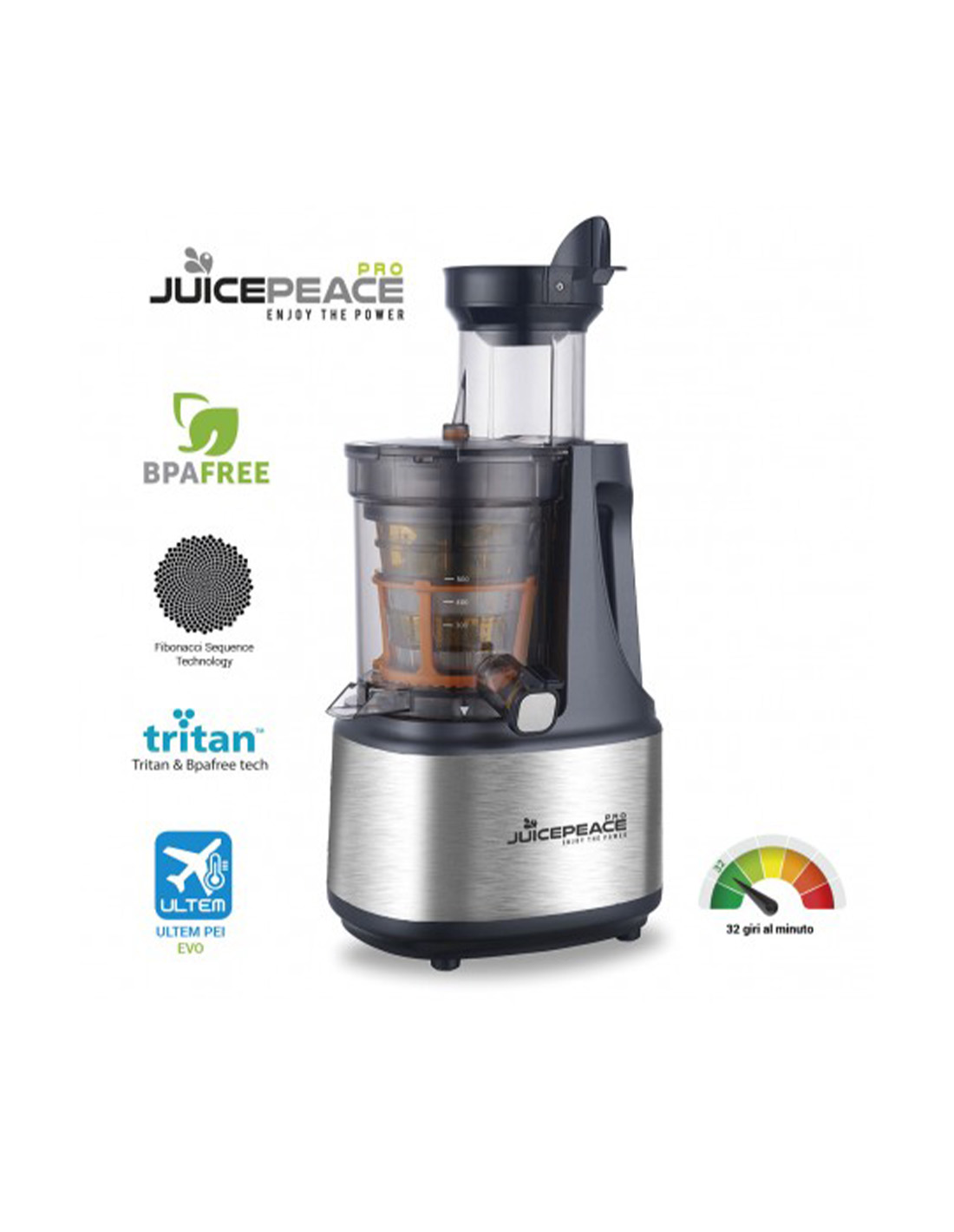 JuicePeace PRO Estrattore di Succo Professionale BPA Free - 32 Giri con Apertura da 78 mm per Inserire Frutta e Verdura Intera